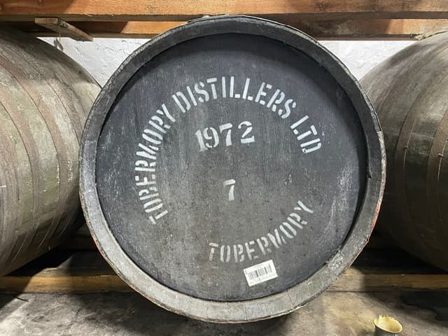 Oak whisky barrel at a Scottish distillery