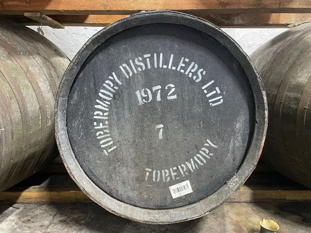 Oak whisky barrel at a Scottish distillery